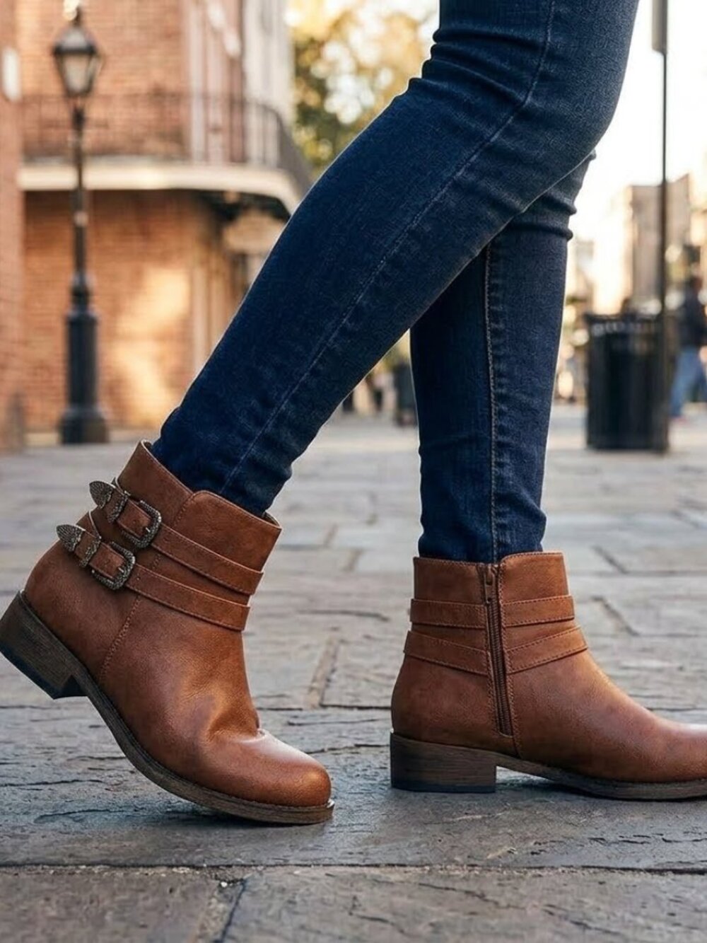 Women's Low Heel Dual Buckle Ankle Boots Dark Brown